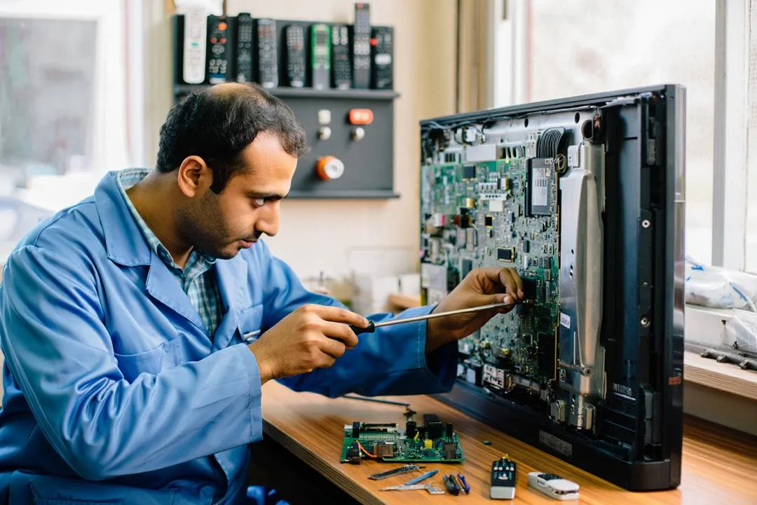 تصویر تعمیرکار متخصص در حال تعمیر تلویزیون در رشت که بلک لایت آن را تعویض میکند.