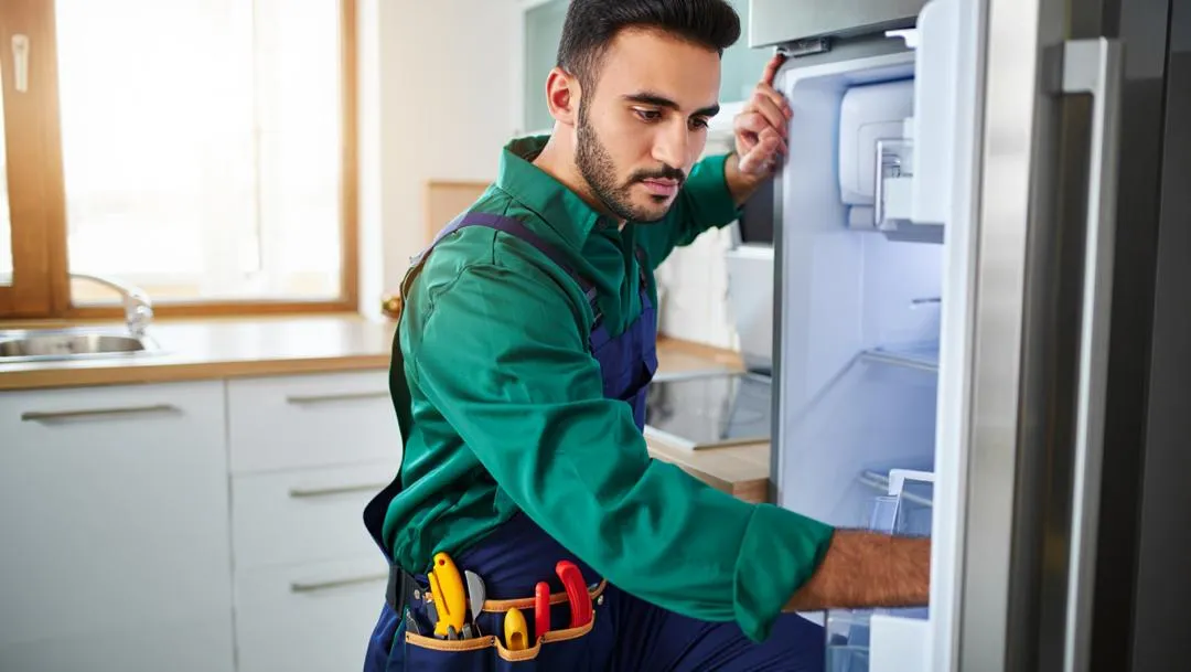 تعمیرکار تعمیرات جو در حال بررسی است . این شخص در ببخش تعمیرات یخچال در مشهد مشغول به کار است.