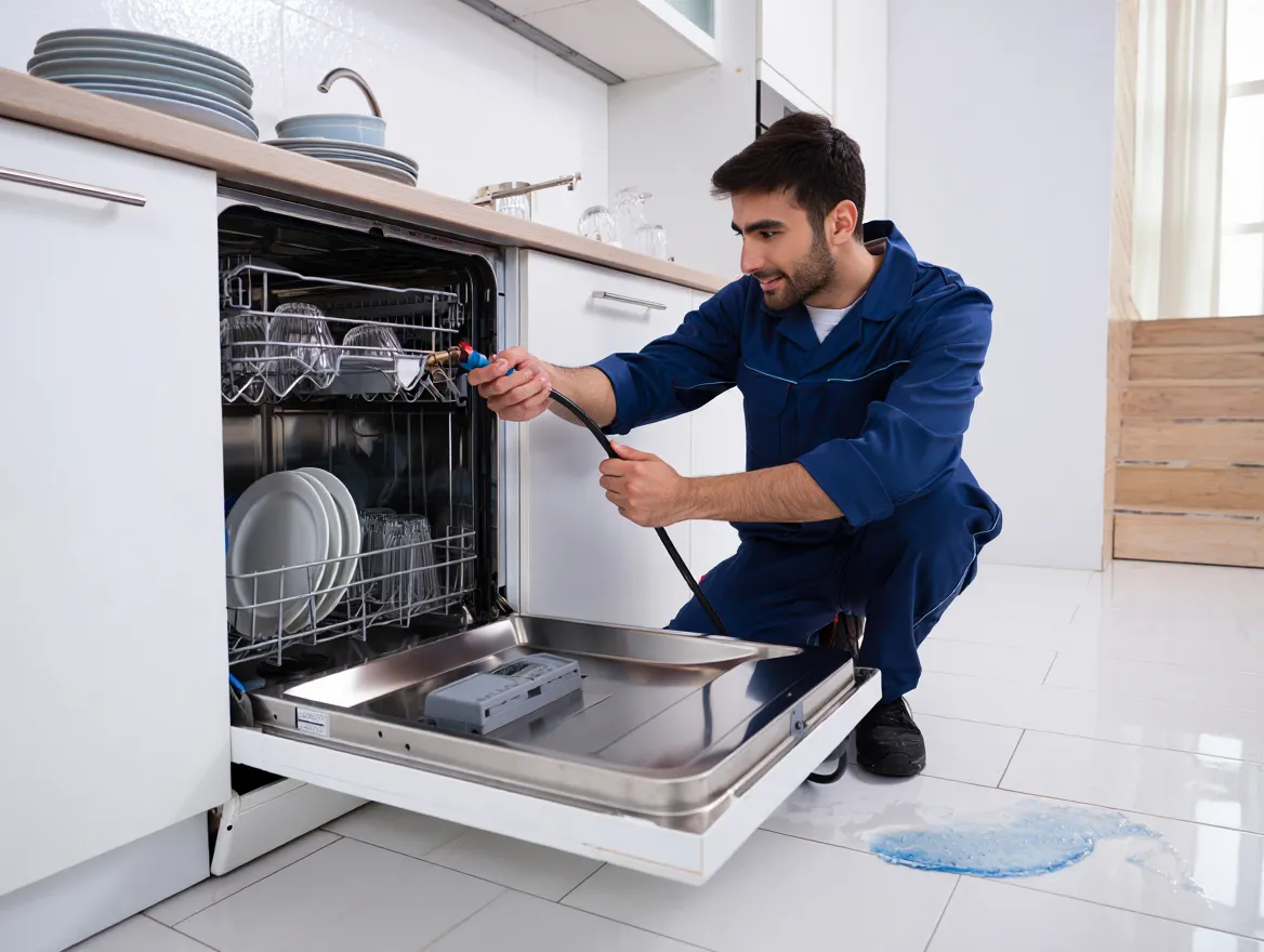 تصویر یک تکنسین در حال تعویض شلنگ آب ماشین ظرفشویی برای تعمیر عدم آبگیری