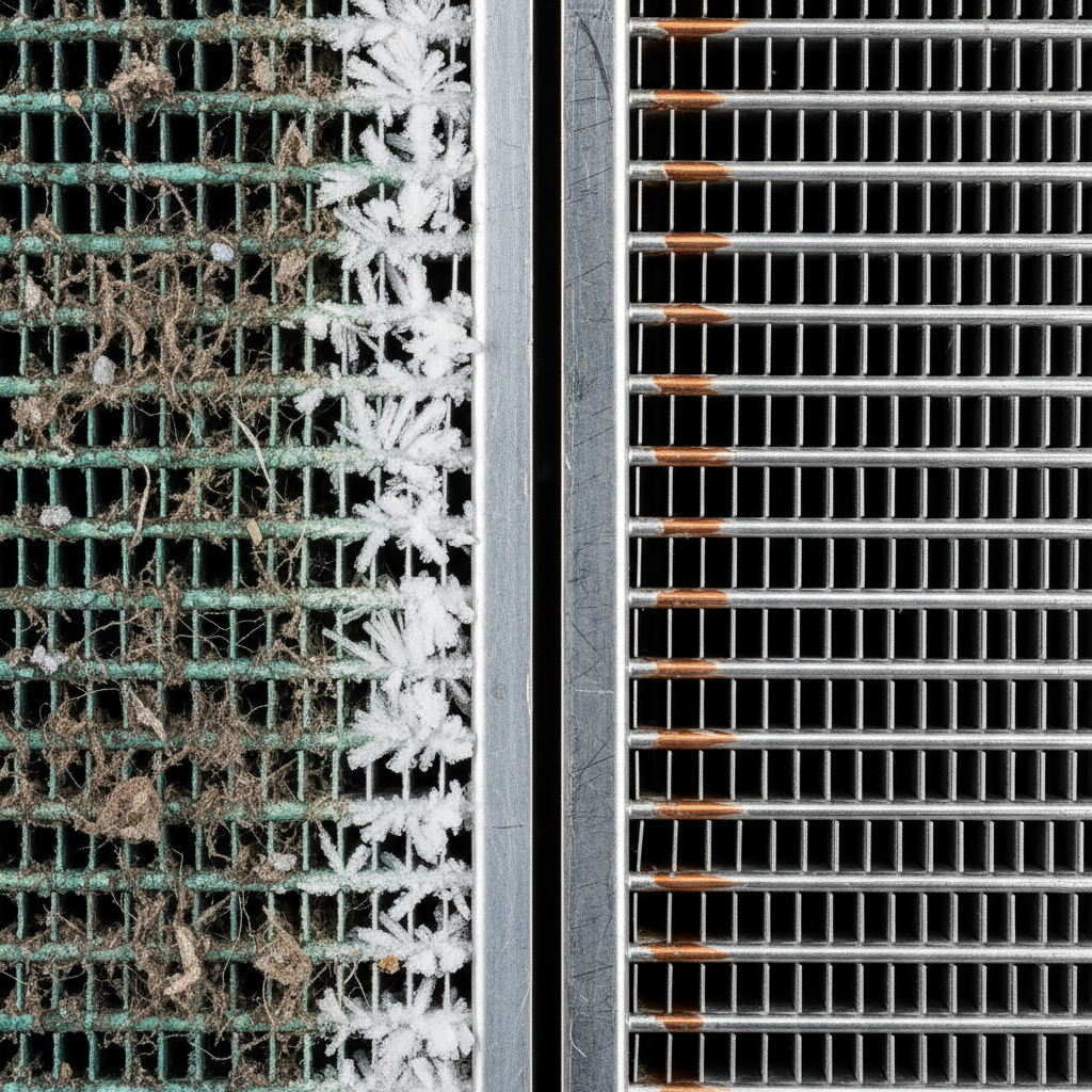 A picture of macro shot of a heavy-duty industrial HVAC evaporator coil. The left side is heavily corroded, dirty, and covered in thick, crystalline frost and accumulated dust buildup.