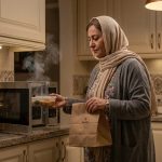 تصویر یک خانم در مشهد در حال درآوردن غذای گرم شده از مایکروویو سالم