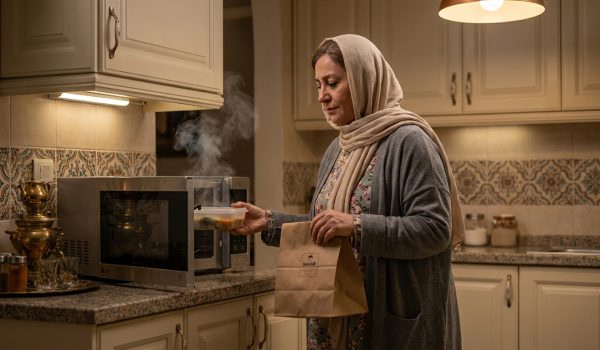 تصویر یک خانم در مشهد در حال درآوردن غذای گرم شده از مایکروویو سالم