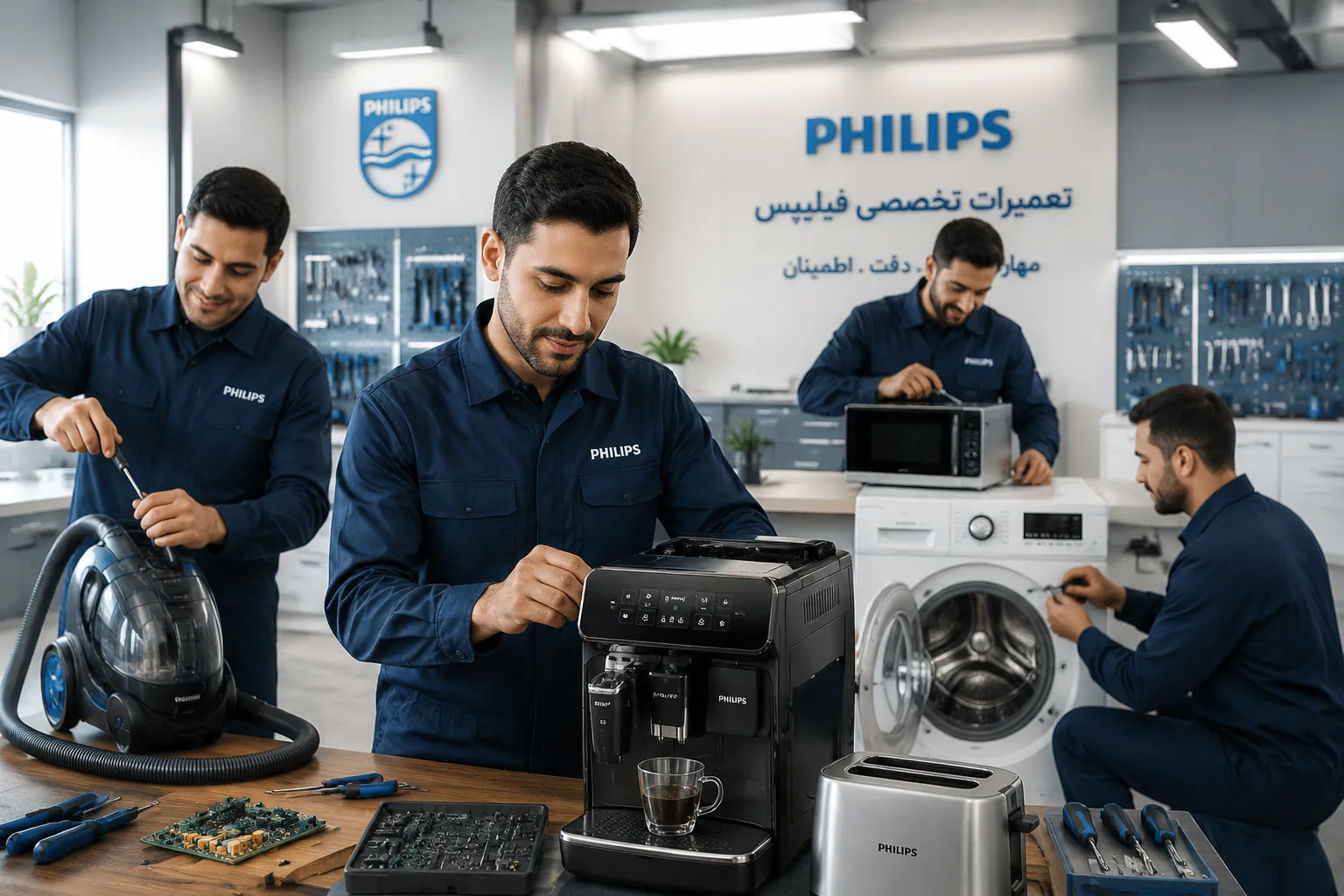 تکنسین های جوان و متخصص فیلیپس در حال تعمیر محصولات فیلیپس