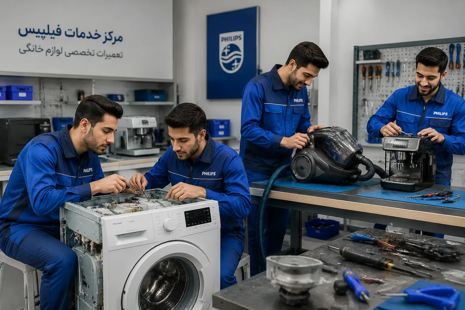 تکنسین های مجرب فیلیپس در حال تعمیر محصولات فیلیپس