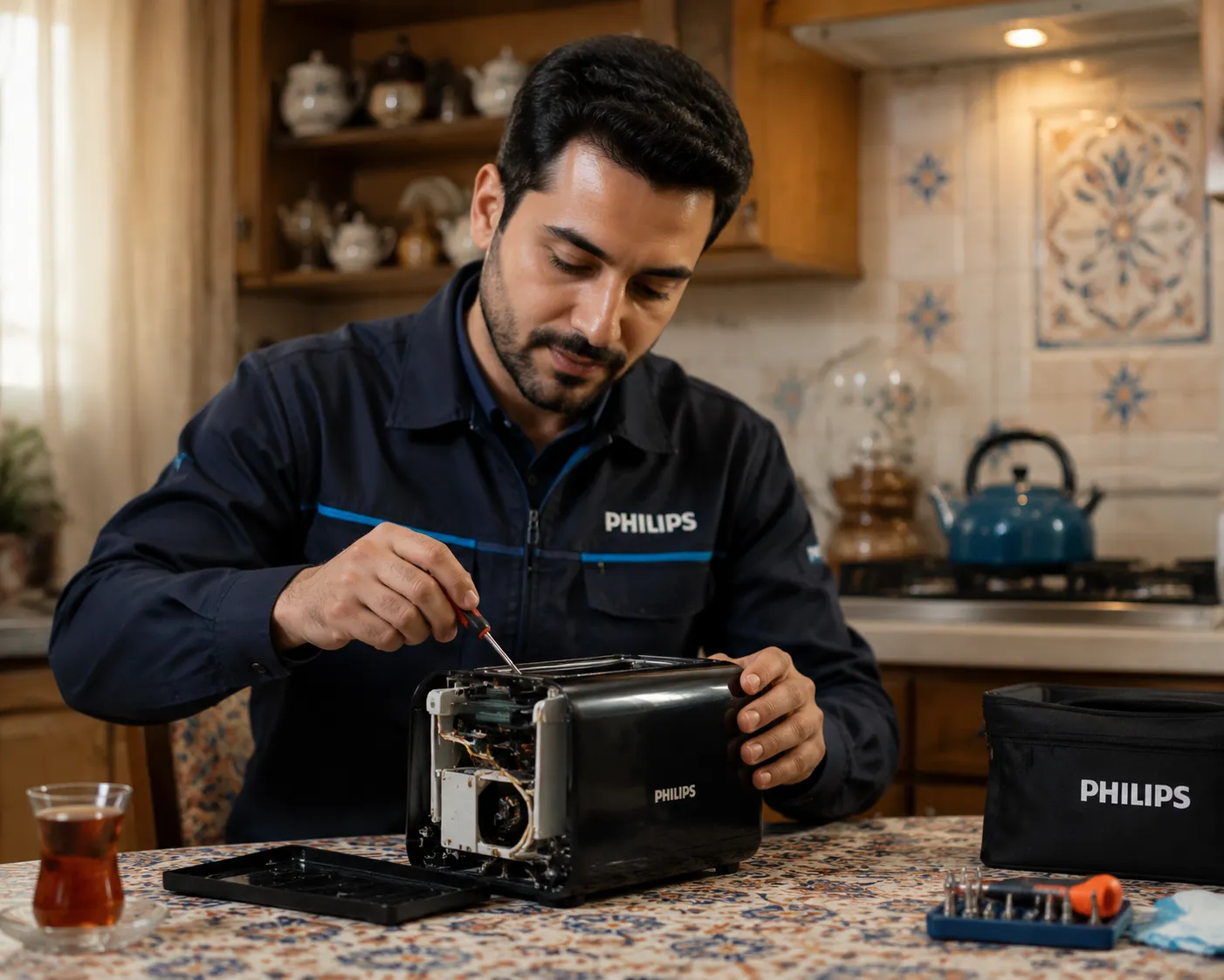 تصویر تکنسین کاربلد در حال تعمیر توستر خراب